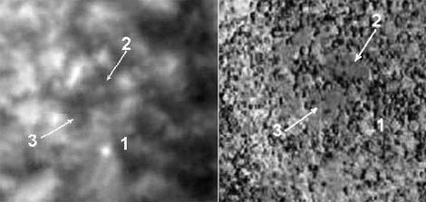 Рис. 8. Сравнение фрагмента изображения, синтезированного по наземным наблюдениям Меркурия, с фотокартой Mariner-10. Изображение: «В мире науки»