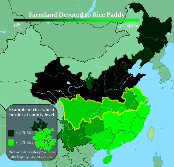 Рис. 2. Распространение риса и пшеницы в разных областях Китая