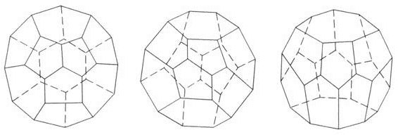Теоретически возможные типы полиэдрических 16-клеточных колоний. Слева направо: –43m, 222, –7m (рис. из обсуждаемой статьи)
