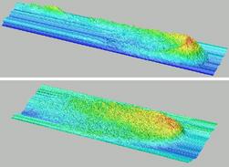 Профили лавин, возникающих при стекании по наклонной плоскости песка (вверху) и гладких стеклянных шариков (внизу). Изображение со страницы одного из авторов статьи www.szfki.hu/~btamas