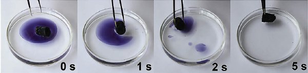 Рис. 4. Абсорбция аэрогелем органических жидкостей (подкрашенного тулуола).