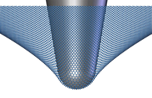 Рис. 2. Игла атомно-силового микроскопа, деформирующая графенную мембрану. Изображение с сайта www.aip.org