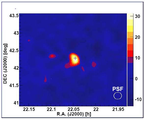 Изображение окрестностей BL Ящерицы (источник излучения отмечен крестиком) в жестких гамма-лучах (из обсуждаемой статьи J. Albert et al., astro-ph/0703084)