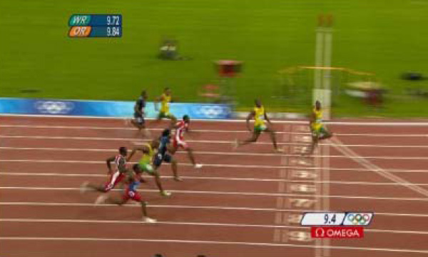 Рис. 4. Фотомонтаж, выполненный авторами статьи и показывающий реальное положение Усейна Болта и его конкурентов на финише в сравнении с гипотетическим, если бы мировой рекорд составлял 9,5 секунд. Рис. из обсуждаемой статьи