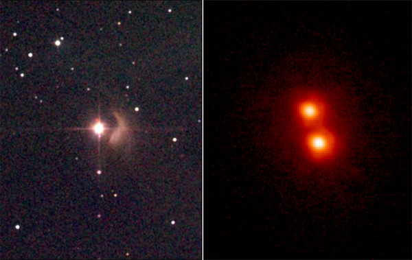 Рис. 1. Слева: изображение звезды Т Тельца, полученное в инфракрасном диапазоне (длина волны 2 мкм). Справа: изображение двойного коричневого карлика 1534-2952AB в созвездии Весов, полученное в инфракрасном диапазоне (длина волны 2 мкм). Изображения с сайтов www.ipac.caltech.edu/2mass и www.ifa.hawaii.edu
