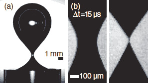 Рис. 1. За мгновение до отрыва пузырька воздуха под водой от поверхности возникает перешеек, который утончается до атомных размеров. Однако чтобы это наблюдать, необходима строгая симметрия и абсолютно вертикальная ориентация выходного отверстия (изображение из статьи Phys. Rev. Lett. 97, 144503)
