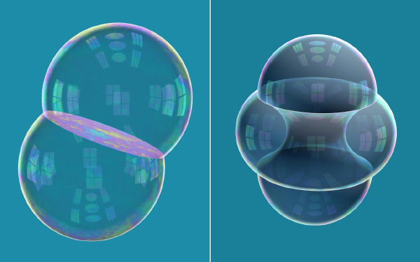 Без вычислений не угадаешь, какая из этих двухпузырьковых фигур обладает меньшей суммарной площадью при одинаковом объеме (изображения со страницы Soap bubbles and isoperimetric problems, math.berkeley.edu/~hutching/pub/bubbles.html)