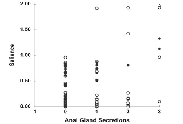 Рис. 2. Связь между степенью использования пахучих секретов и контрастностью окраски у представителей наземных хищных. Виды с пятнистой окраской отмечены темными кружками; все другие виды — белыми кружками. Рисунок из обсуждаемой статьи в Evolution