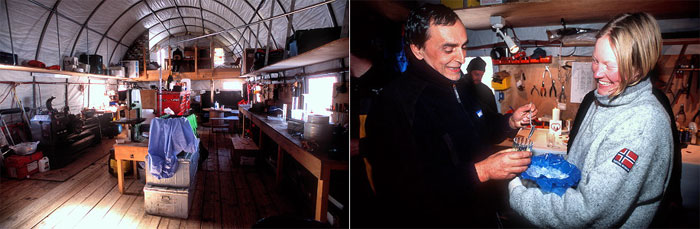 Бурение льда на куполе «C» закончено. Слева — вид летней рабочей палатки. Справа — участники проекта бросают кусочки льда, которому сотни тысяч лет, в стаканы с шампанским. Пузырьки воздуха взрываются, оказавшись вне огромного давления. Единственный огорчающий момент — запах керосина, использовавшегося в качестве бурового раствора. Фото Гийома Дарго (Guillaume Dargaud) с сайта www.gdargaud.net