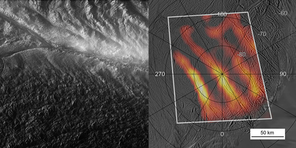 Рис. 4. Трещины на Энцеладе и их термометрический портрет