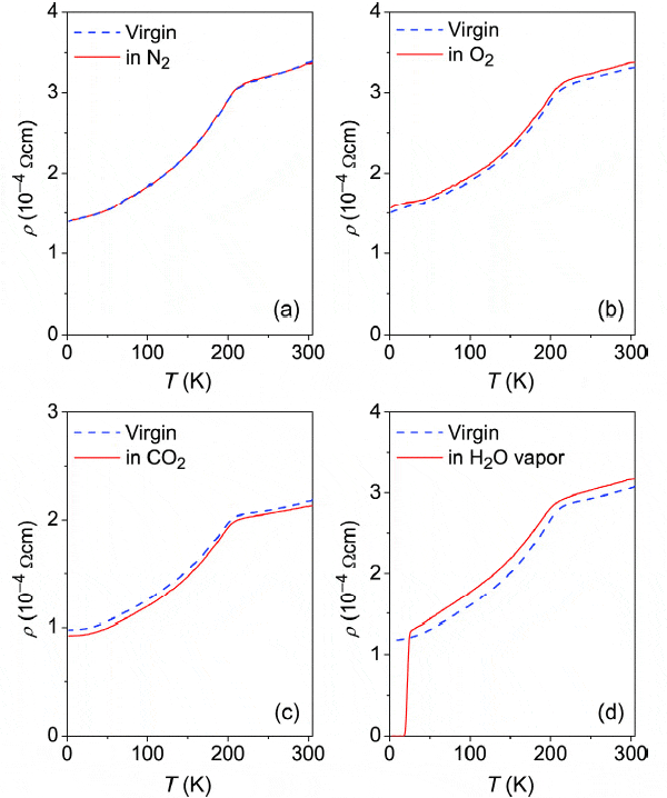 Рис. 2. Температурные зависимости удельного сопротивления не допированных кобальтом пленок SrFe2As2, выдержанных 24 часа в атмосферах различных газов — азота, кислорода, углекислого газа и водяного пара (указаны на графиках). Синим пунктиром показано изменение с температурой удельного сопротивления пленки непосредственно после ее выращивания (virgin). Рис. из обсуждаемой статьи