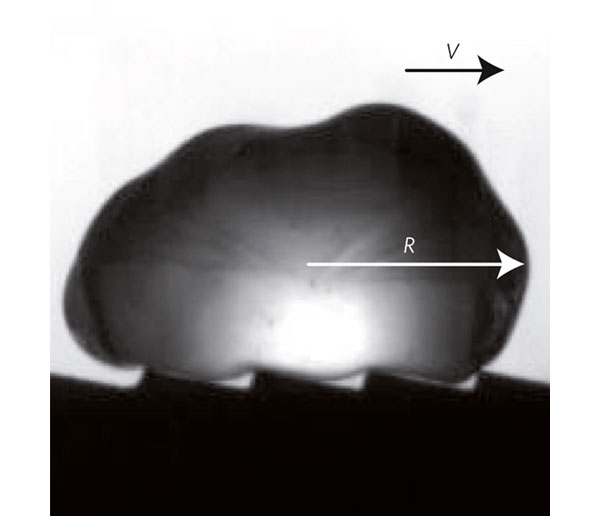 Рис. 3. Капля этанола (температура Лейденфроста 200°C), находящаяся на горячей латунной подложке (температура 350°C), под действием эффекта Лейденфроста двигается в направлении, указанном стрелкой в верхнем правом углу. Радиус капли в экваториальной плоскости равен приблизительно 3 мм. Латунь имеет рифленую поверхность, высота зубцов составляет 300 мкм, расстояние между ними 1,5 мм. Изображение из обсуждаемой статьи в Nature Physics
