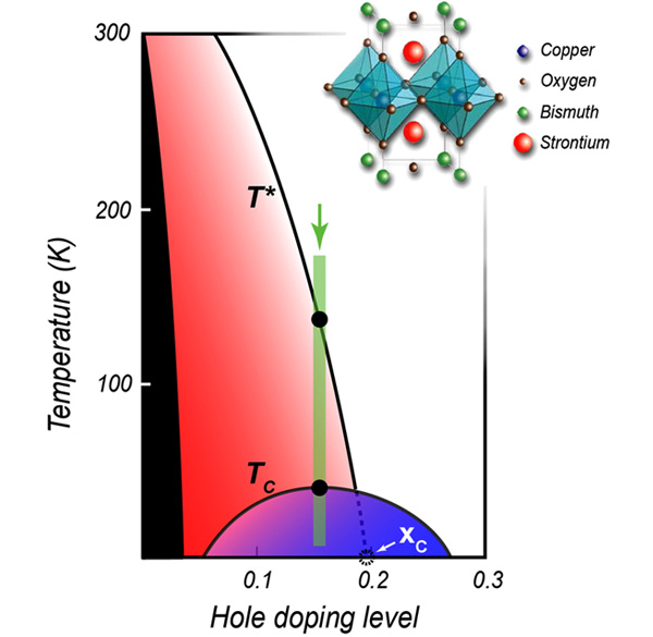 Рис. 2. Фазовая диаграмма состояния соединения Pb-Bi2201 в зависимости от его температуры и уровня допирования носителями заряда «дельта» (hole doping level). Рисунок с сайта newscenter.lbl.gov