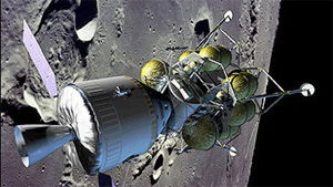 Примерно так будет выглядеть лунный модуль, пристыкованный к командному отсеку на лунной орбите (изображение с сайта www.voanews.com)