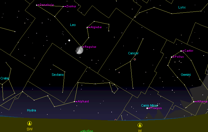 Вид неба во время лунного затмения 21 февраля 2008 года при наблюдении в Москве. Изображение StarryNightBackyard 3.1
