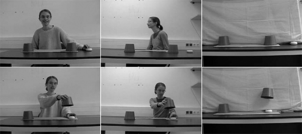 Так проводились эксперименты. Слева: экспериментатор вступает в непосредственный контакт с ребенком (смотрит на него, улыбается и разговаривает). В центре: экспериментатор не обращает внимания на ребенка и не подает ему никаких сигналов. Справа: экспериментатора вовсе не видно (см. пояснения в тексте). Фото из обсуждаемой статьи в Science