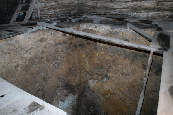 Нижняя часть раскопа: от самых нижних слоев, относящихся к началу среднего палеолита, до верхнепалеолитических