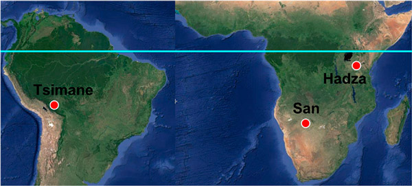 Рис. 1. На карте отмечены места, где живут племена хадза, ю’хоанси и циманы