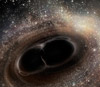 Художественное изображение того, как могли бы выглядеть события слияния черных дыр GW150914 и GW151226