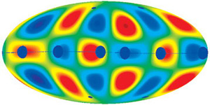 Низкочастотные флуктуации микроволнового фона выстроены вдоль загадочной оси Вселенной (изображение с сайта prl.aps.org)