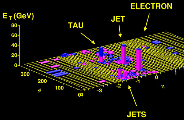 Диаграмма «угол–быстрота–энергия» для одного из реальных событий, зарегистрированных на Тэватроне. Розовые и синие столбики показывают энергию, зафиксированную в электромагнитном и адронном калориметрах.