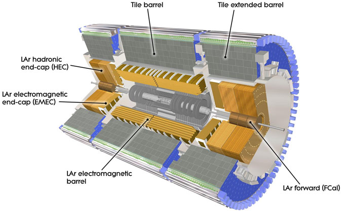 Рис. 3. Схема расположения калориметров в детекторе ATLAS. Коричневым показаны калориметры на жидком аргоне (LAr), серым — калориметры на органических сцинтилляторах. Рис. с сайта cdsweb.cern.ch