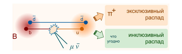 Рис. 1. Разница между эксклюзивными и инклюзивными распадами на примере B-мезона