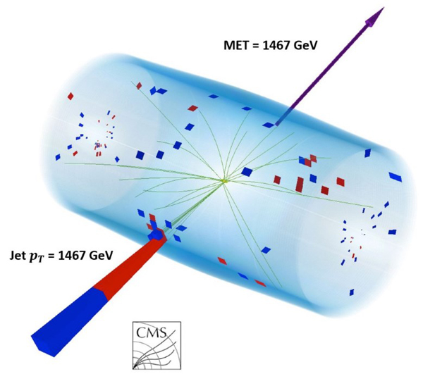 Пример события в детекторе CMS с одинокой адронной струей, уносящей поперечный импульс около 1,5 ТэВ