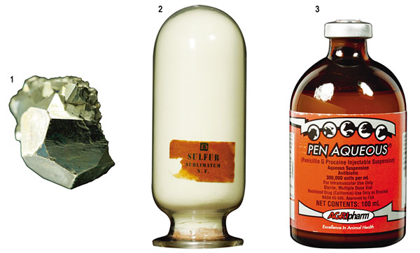 Минерал пирит FeS2; антикварный аптечный пузырек с серой; пенициллин (Теодор Грэй, «Элементы»)