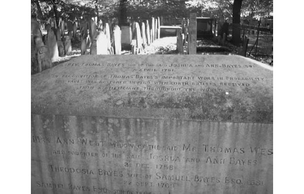 Рис. 5.5. Могила преподобного Томаса Байеса. Томас Байес похоронен на кладбище Банхилл-Филдс в центре Лондона. В XVIII веке на этом кладбище хоронили нонконформистов13, но теперь это общественный парк. Могила была отреставрирована в 1969 году, на средства “статистиков со всего мира”.\nИсточник: Фото профессора Тони О’Хагана из Шеффилдского университета.\n