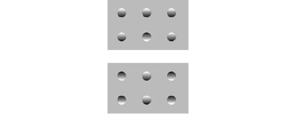 Рис. 5.7. Иллюзия с костяшками домино. Вверху — половинка костяшки домино с пятью вогнутыми пятнышками и одним выпуклым. Внизу — половинка с двумя вогнутыми и четырьмя выпуклыми пятнышками. На самом деле вы смотрите на плоский лист бумаги. Пятнышки выглядят вогнутыми или выпуклыми из-за характера их затенения. Мы ожидаем, что свет падает сверху, поэтому у выпуклого пятнышка должен быть затенен нижний край, а у вогнутого — верхний. Если вы перевернете книгу, вогнутые пятнышки станут выпуклыми, а выпуклые — вогнутыми.