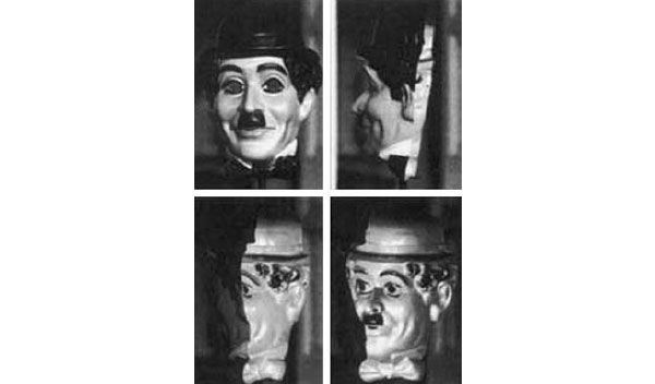 Рис. 5.8. Иллюзия выпуклой маски. Фотографии вращающейся маски Чарли Чаплина (последовательность справа налево и сверху вниз). Лицо внизу справа вогнутое, потому что мы смотрим на маску изнутри, но мы невольно воспринимаем его как выпуклое, с выступающим носом. В данном случае наше знание того, что лица выпуклы, берет верх над тем, что мы знаем о свете и тени.\nИсточник: Профессор Ричард Грегори (Richard Gregory), отделение экспериментальной психологии, Бристольский университет\n