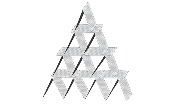 Рис.5.2. Разрушить такое сооружение, вытащив любую карту из нижнего яруса, очень легко, а вот создать нечто подобное, подложив карту в нижнюю часть кучи карт, невозможно