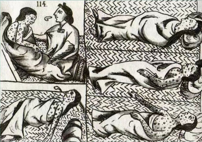 Жертвы эпидемии оспы, ацтекский рисунок XVI века («Горький»)