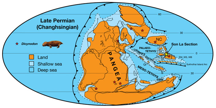 Позднепермская Пангея. Иллюстрация из статьи: I. Metcalfe, Changhsingian (Late Permian) conodonts from Son La, northwest Vietnam and their stratigraphic and tectonic implications