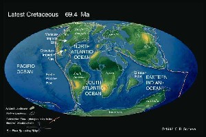 Положение материков в конце мезозойской эры (69,4 млн лет назад). Рис. с сайта http://141.84.51.10/palaeo_de/edu/scotese/maps