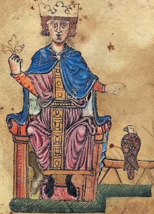 Изображение императора Фридриха&nbsp;II (1194–1250) с&nbsp;соколом на второй странице «Манускрипта Манфреда»