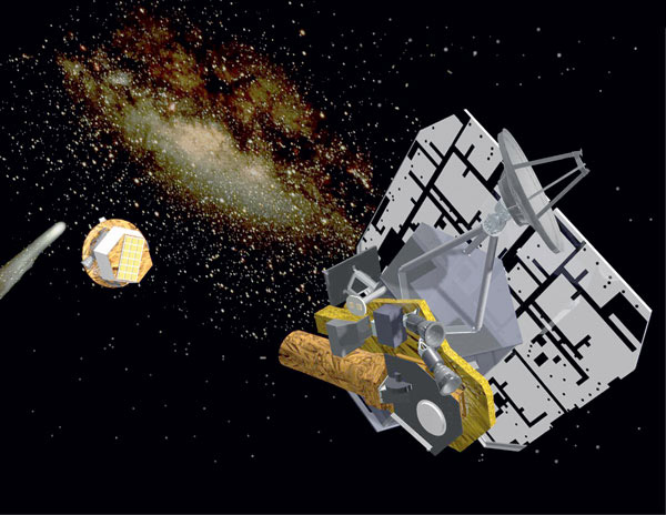 Миссия Deep Impact (<i>слева направо</i>: комета Темпель 1, ударное устройство Smart Impactor и перелётный космический аппарат, доставивший ударник к цели и наблюдавший удар). © NASA/JPL