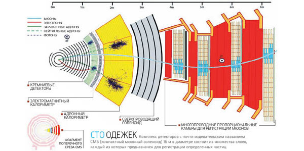 Комплекс детекторов с почти издевательским названием CMS (компактный мюонный соленоид) 16 м в диаметре состоит из множества слоев, каждый из которых предназначен для регистрации определенных частиц. Изображение: «Популярная механика» 