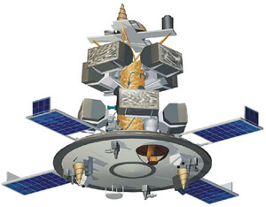 Cosmos-1 перед разворачиванием солнечного паруса. Лепестки свернуты и располагаются в серых контейнерах (&copy;The Planetary Society/IKI, рисунок с сайта www.planetarysociety.org)