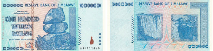 Рис. 13. 100 трлн долл., Зимбабве, 2009 год (148×74 мм) («Википедия», Reserve Bank of Zimbabwe) («ТрВ» №24(268), 04.12.2018)