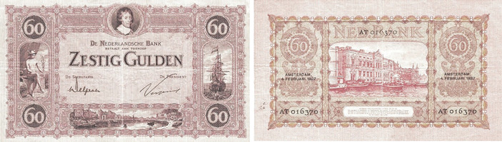 Рис. 18. 60 гульденов, Нидерланды, 1927 год (Bank Note Museum, www.banknote.ws) («ТрВ» №24(268), 04.12.2018)