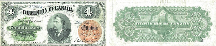Рис. 19. 4 доллара, Канада, 1878 год (Bank Note Museum, www.banknote.ws) («ТрВ» №24(268), 04.12.2018)