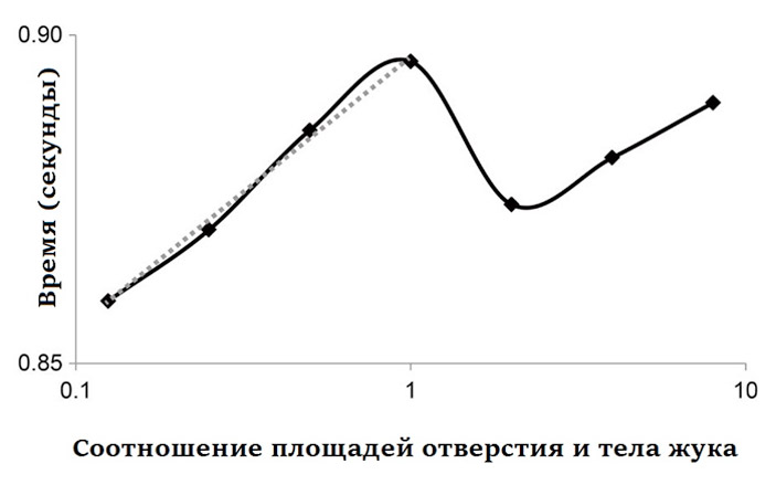 <b>Рис.&nbsp;3.</b> Время поиска трех жуков зависит от&nbsp;соотношения размеров насекомого и&nbsp;отверстия&nbsp;<a name=b1></a><a href=/nauchno-populyarnaya_biblioteka/434508/Est_chtoby_spryatatsya#1>[1]</a> («ТрВ» №25(269), 18.12.2018)