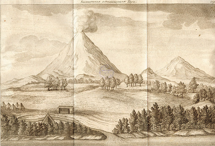 «Камчатская огнедышащая гора». Гравюра из русского издания 1755 г. («Наука из первых рук» №2/3 (78), 2018)