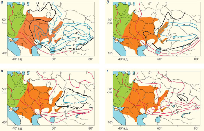 Рис. 4. Изотермы средних многолетних значений самого холодного месяца в грунтах («Природа» №11, 2020)