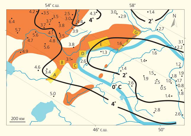 Рис. 9. Восточная часть ареала чесночницы Палласа и средние температуры самого холодного месяца в грунтах на глубине 320 см («Природа» №11, 2020)