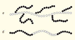 Рис. 4. Схематическое изображение макромолекулы привитого сополимера и блок-сополимера («Природа» №3, 2014) 