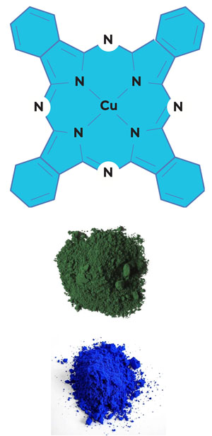 Полностью синтетический тетрапиррол &mdash; фталоцианиновый комплекс меди и пигменты &mdash; фталоцианиновый синий и фталоцианиновый зеленый («Коммерсантъ Наука» №33, ноябрь 2020)