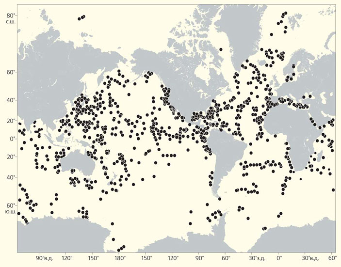 Точки глубокого бурения в бассейнах Атлантического, Тихого и Индийского океанов («Природа» №4, 2018)